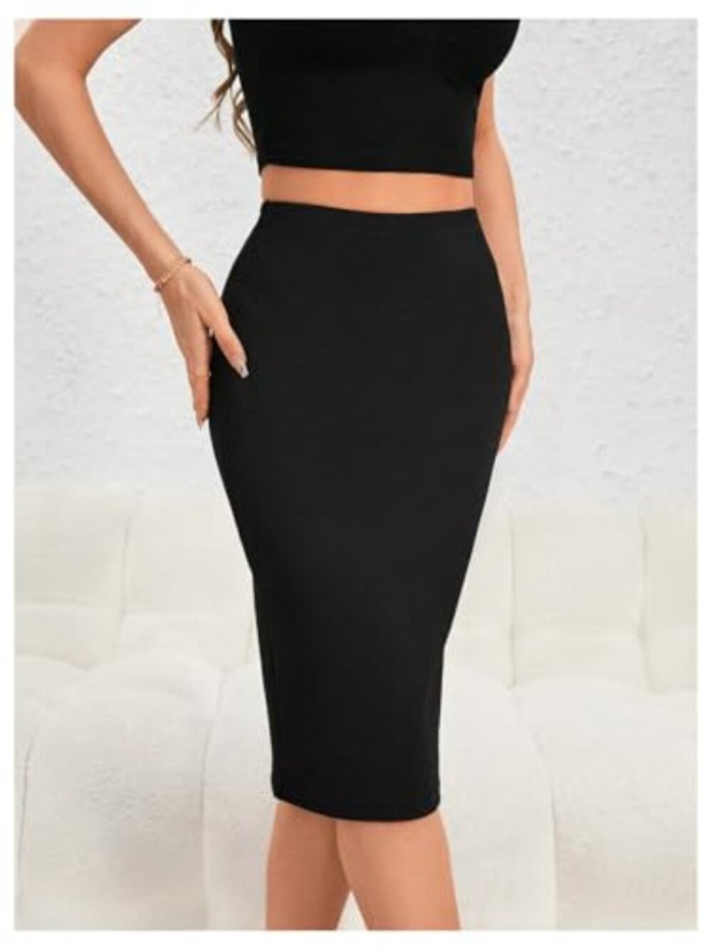 High Waisted Bodycon Pencil Midi Skirt Zip Up Back Stretchy Skinny - Picture 2 of 5